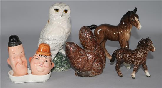 A Beswick owl flask, Beswick Laurel and Hardy cruet, two other donkeys and a squirrel